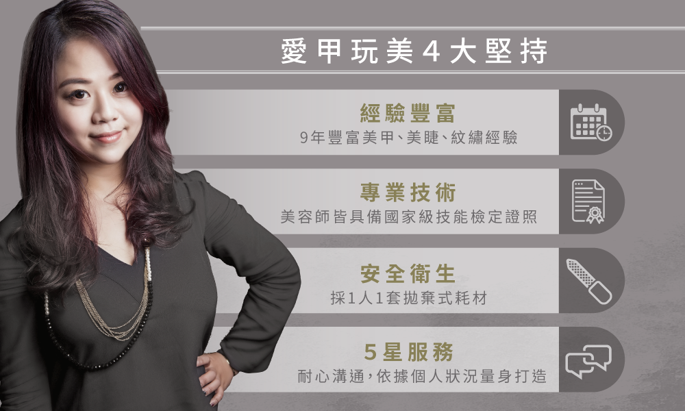 愛甲玩美4大堅持-天然色乳、專業技術、安全衛生、耐心溝通 愛甲玩美品牌堅持-台中美甲推薦